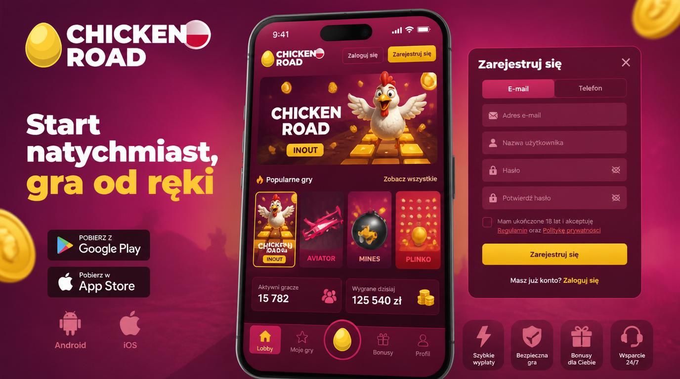 ekran gry Chicken Road InOut na smartfonie z formularzem rejestracji i przyciskiem „Start” 