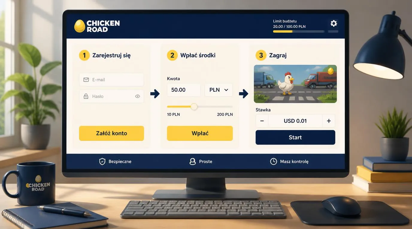 Panel startowy gry z etapami rejestracji, wpłaty w złotych i ustawienia pierwszego zakładu