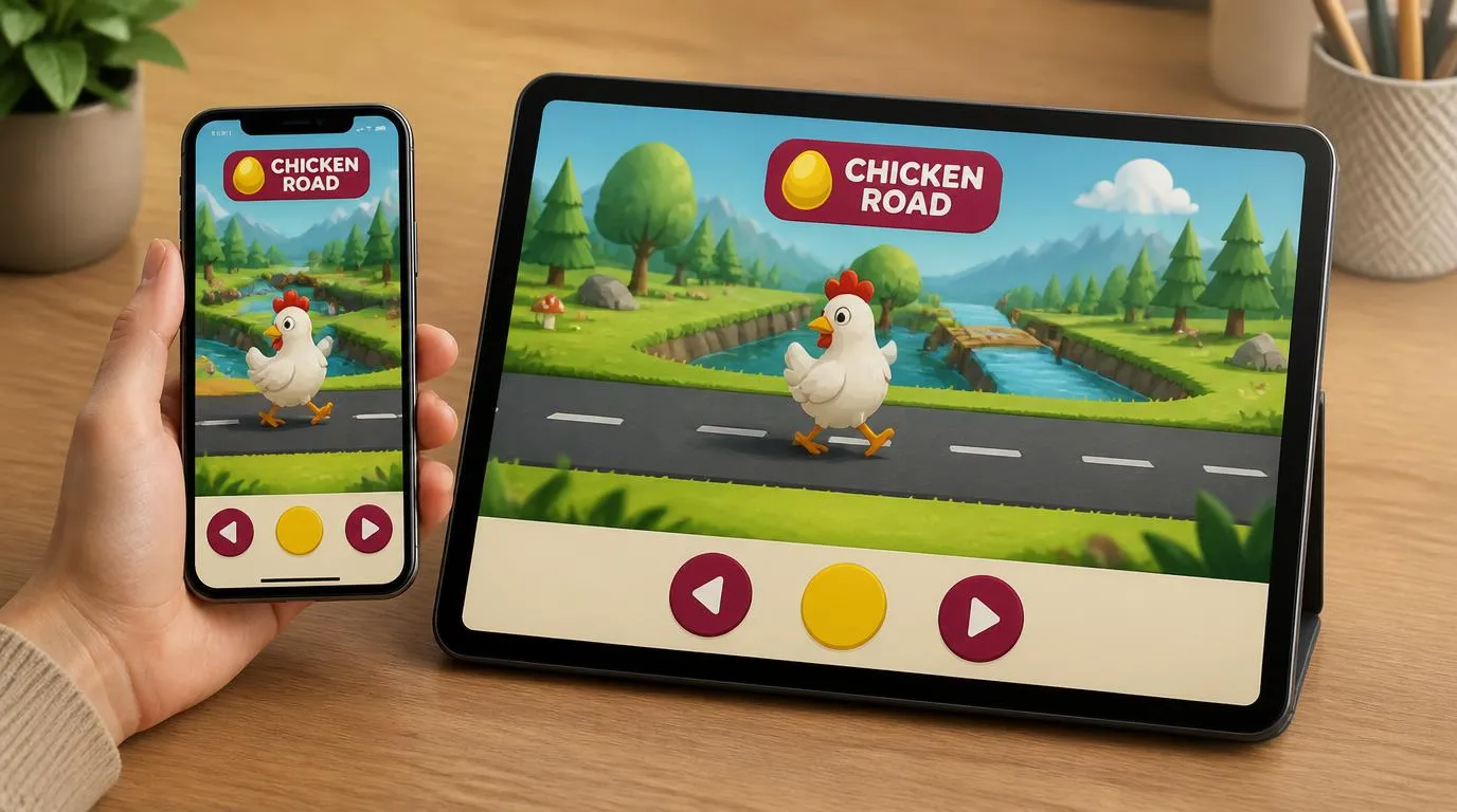 Smartfon i tablet z widokiem kurczaka przekraczającego drogę w mobilnej grze przygodowej