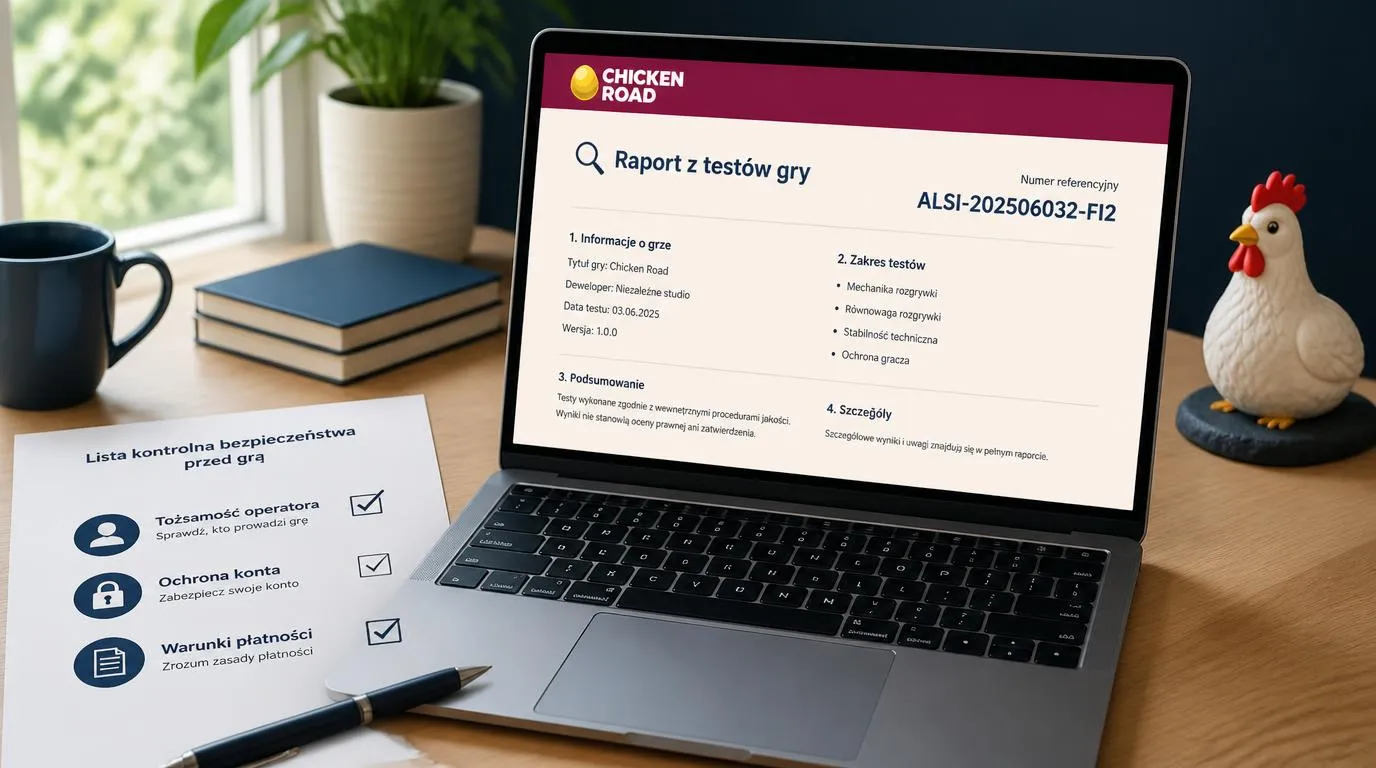 Laptop z dokumentem badania gry oraz listą kontroli legalności operatora i ochrony konta