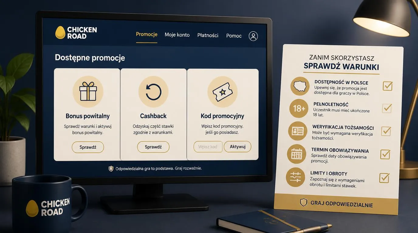 Panel promocji z polem na kod, kartami bonusu powitalnego i cashbacku oraz listą warunków